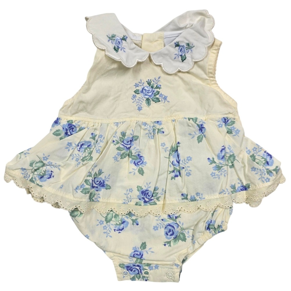 Little Me Signature Baby Girl Floral Romper Dress 3 Months Cream Blue Lace VTG